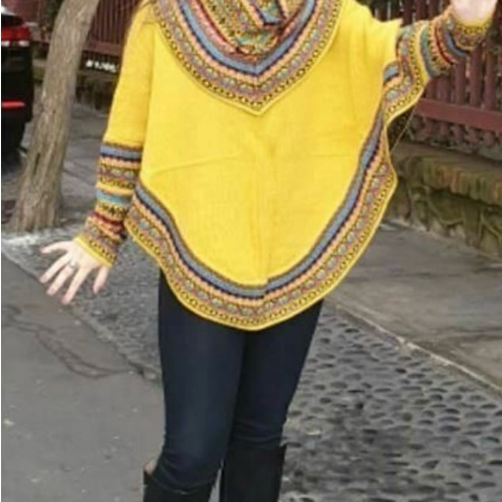 Yellow handmade soft alpaca wool Poncho with Colorful Trim